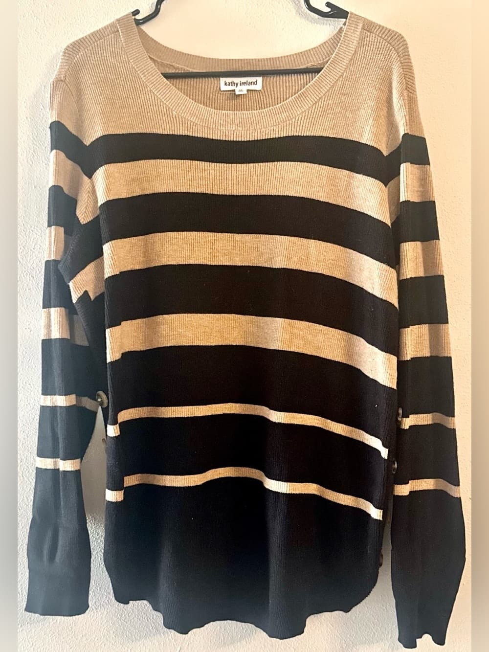 Kathy Ireland Tan Black Striped Knit Sweater 1X Plus Long Sleeve