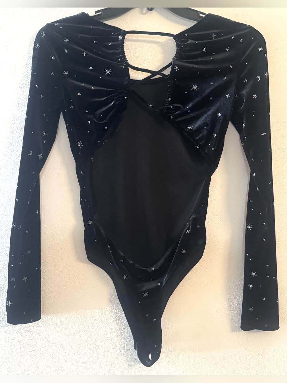 Wild Fable Black Velvet Star Print Long Sleeve Lace-Up Back Bodysuit S - Thumbnail 2