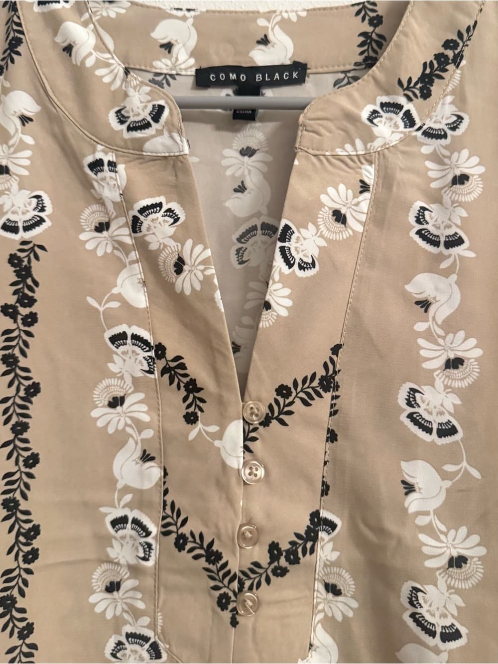 Como Black Tan Daisy Floral Print Long Sleeve Blouse M V-Neck Boho Casual - Thumbnail 3