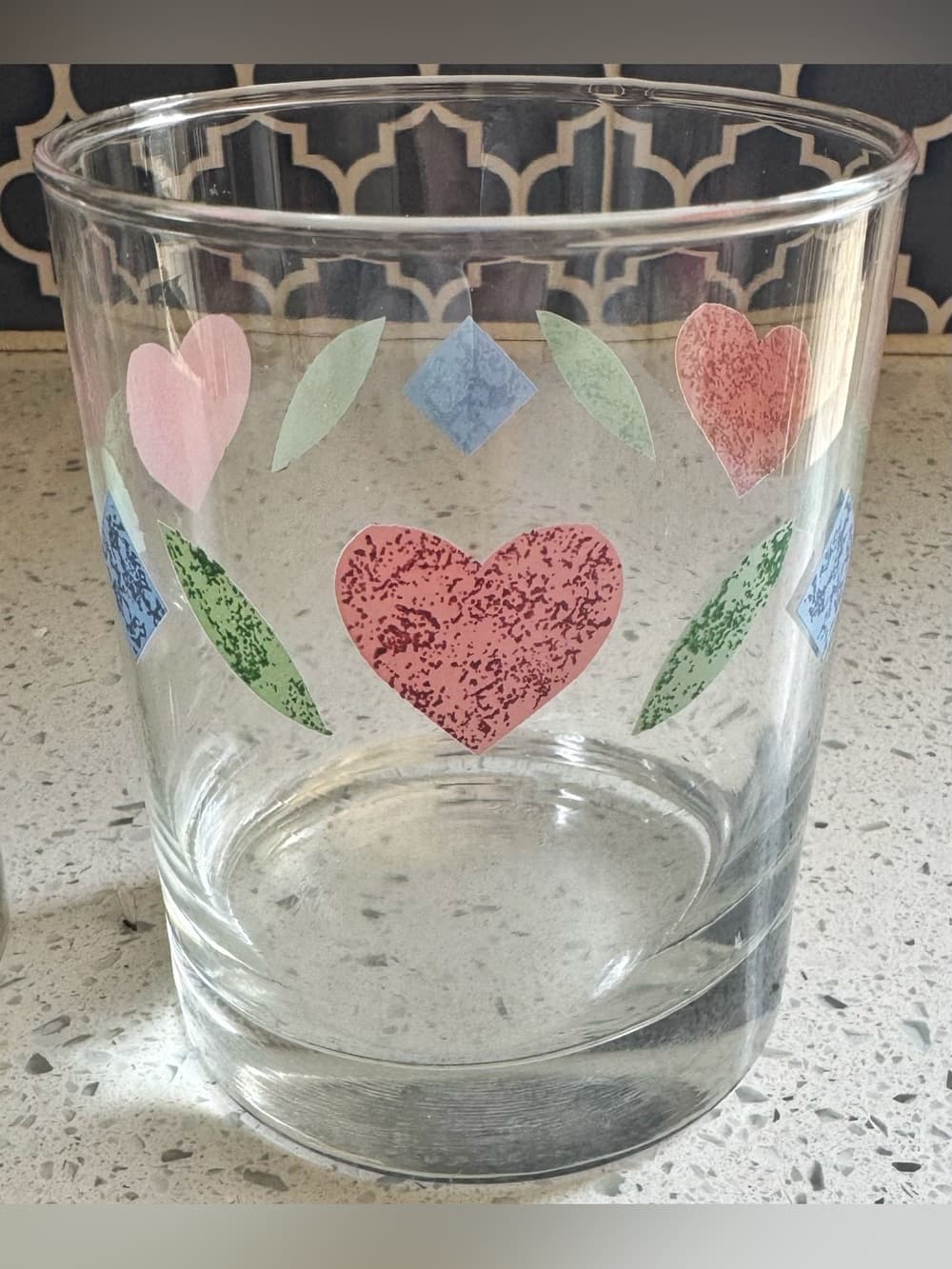 Set of 2 Clear Glass Lowball Rocks Glasses Heart Folk Art Barware - Thumbnail 3