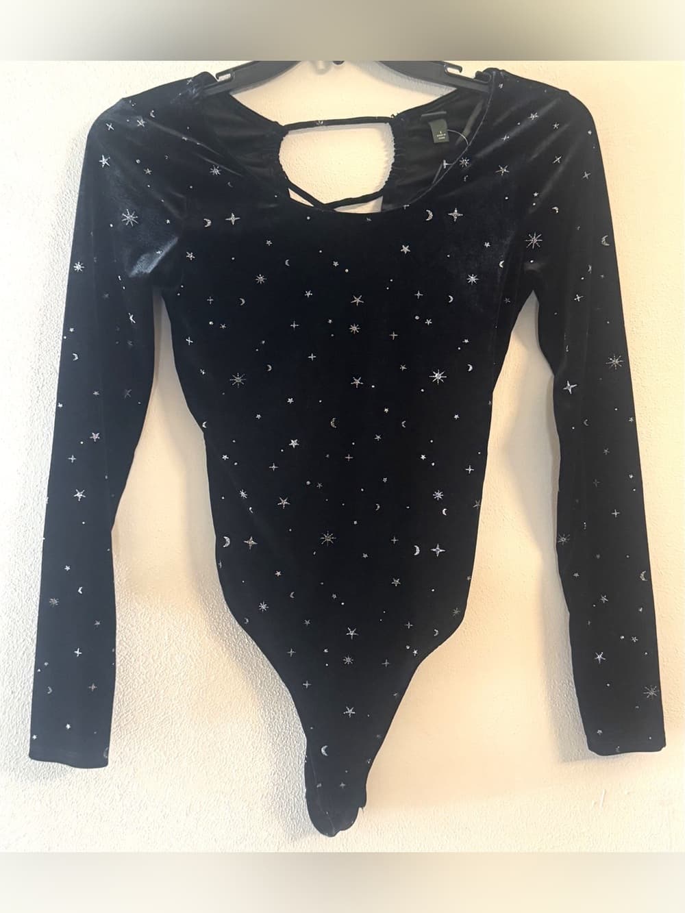Wild Fable Black Velvet Star Print Long Sleeve Lace-Up Back Bodysuit S