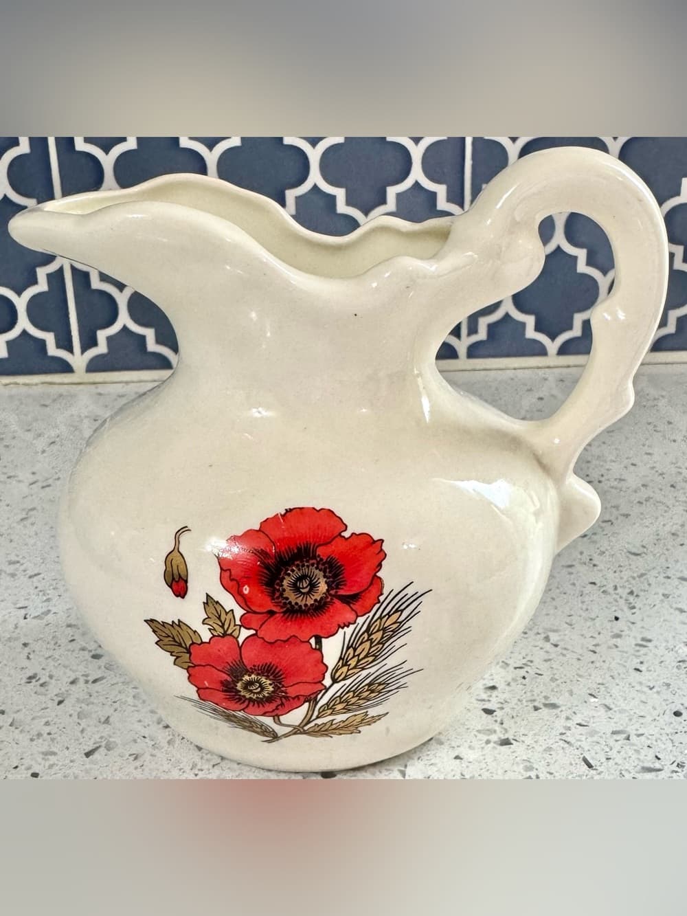 Vintage Poppy Floral Ceramic Pitcher Vase 6 Inch Home Decor