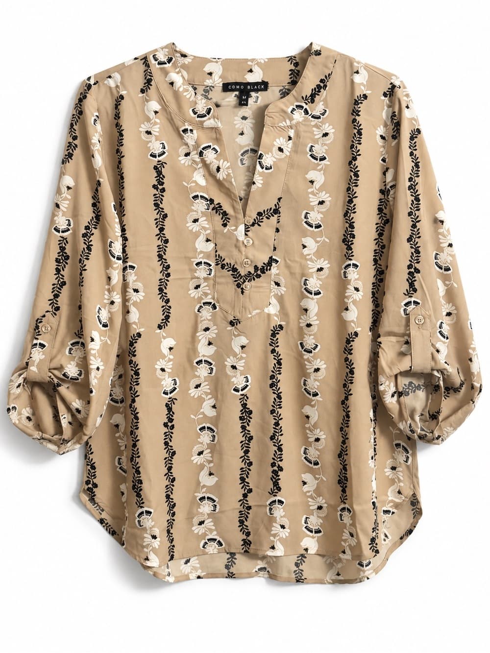 Como Black Tan Daisy Floral Print Long Sleeve Blouse M V-Neck Boho Casual - Thumbnail 9
