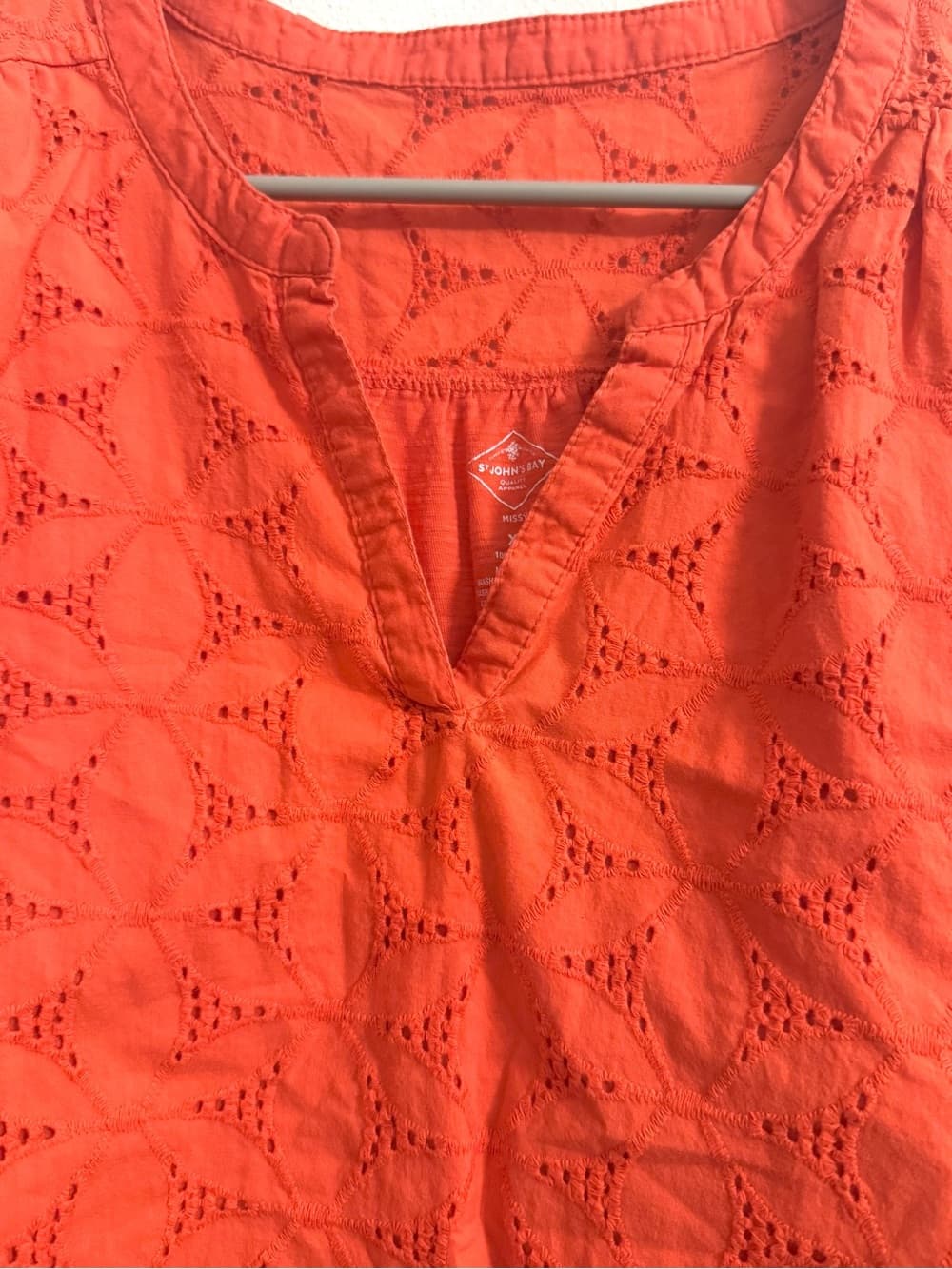 St. John's Bay Coral Orange Eyelet Short Sleeve V-Neck Top XL 100% Cotton Boho - Thumbnail 3