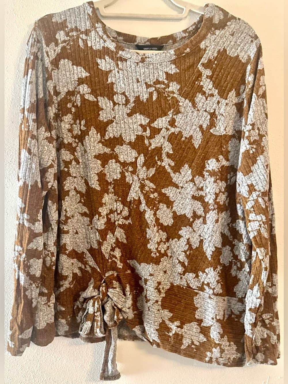 Simply Vera Vera Wang Women's Brown Floral Tie Hem Knit Top Size XXL