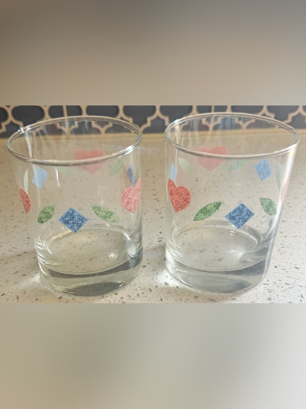 Set of 2 Clear Glass Lowball Rocks Glasses Heart Folk Art Barware - Thumbnail 2