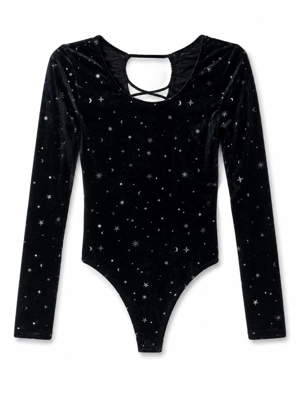 Wild Fable Black Velvet Star Print Long Sleeve Lace-Up Back Bodysuit S - Thumbnail 8
