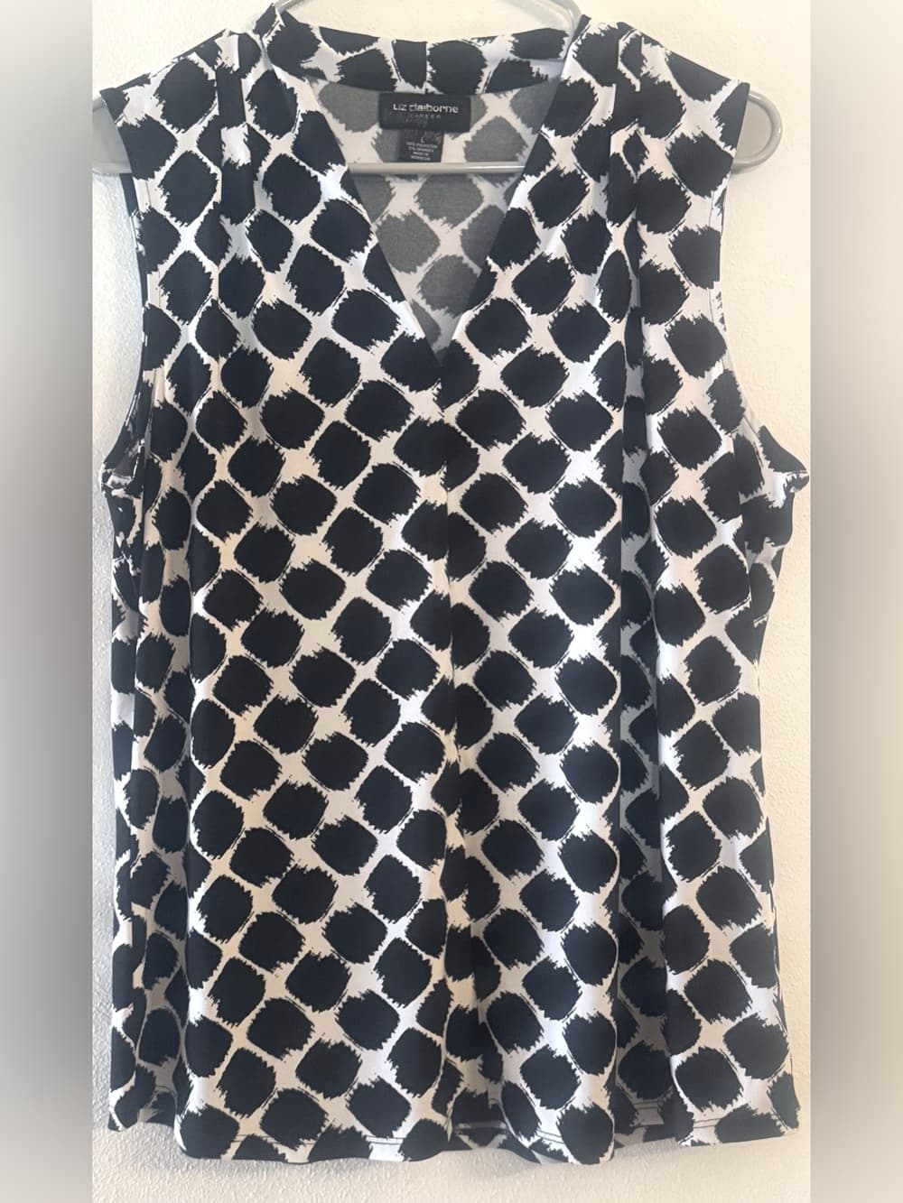 Liz Claiborne Women's Black White Geometric Print Sleeveless Career Blouse Large