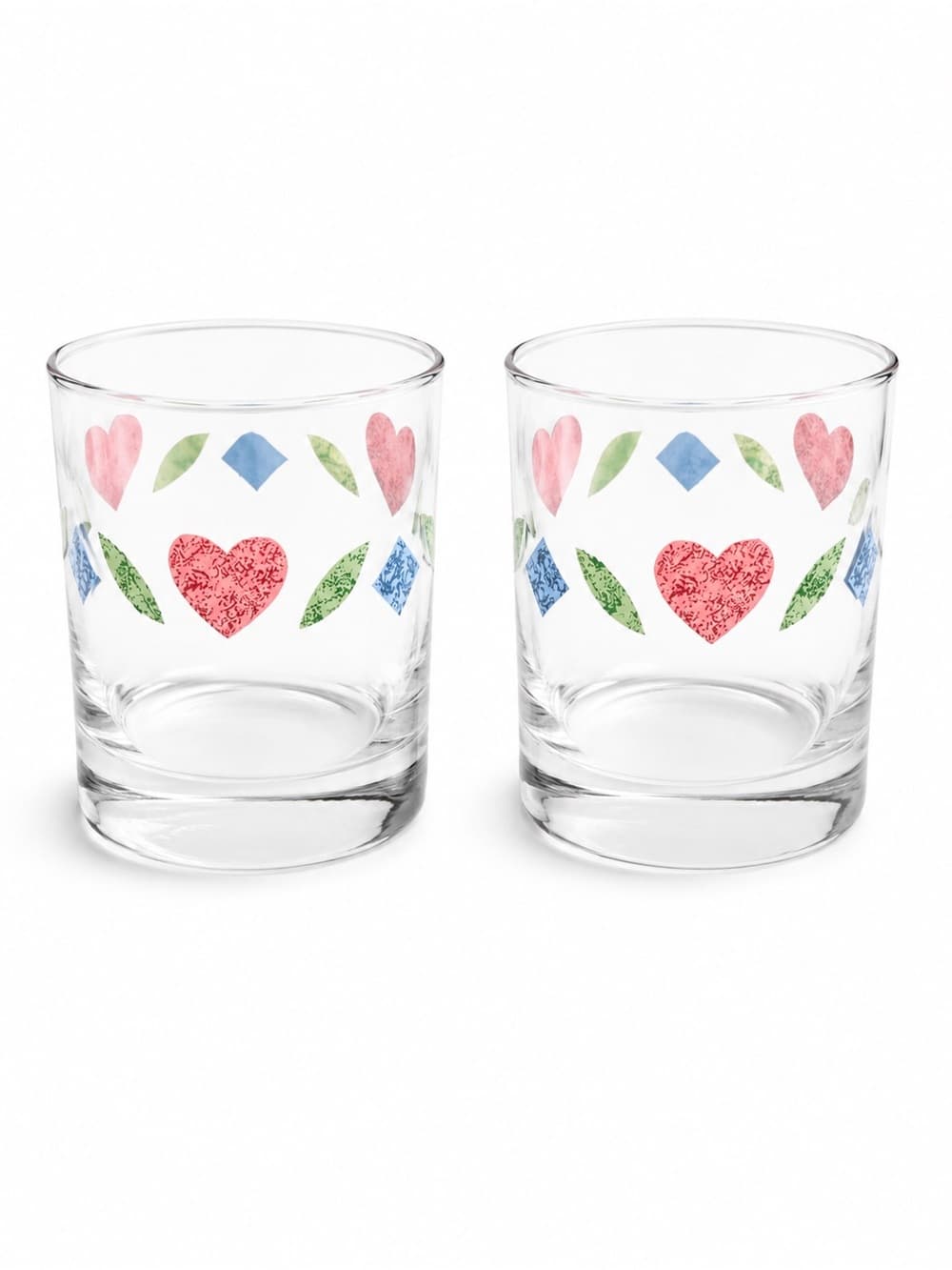 Set of 2 Clear Glass Lowball Rocks Glasses Heart Folk Art Barware - Thumbnail 7
