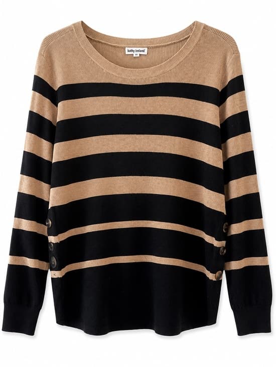 Kathy Ireland Tan Black Striped Knit Sweater 1X Plus Long Sleeve - Thumbnail 9
