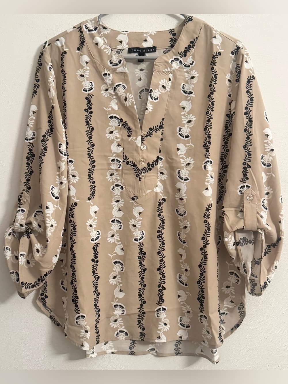 Como Black Tan Daisy Floral Print Long Sleeve Blouse M V-Neck Boho Casual