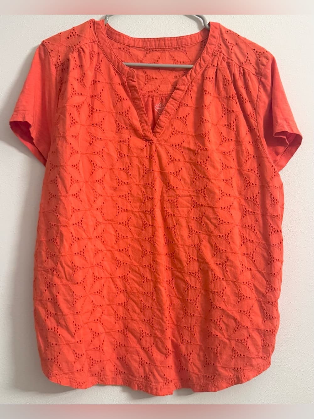 St. John's Bay Coral Orange Eyelet Short Sleeve V-Neck Top XL 100% Cotton Boho