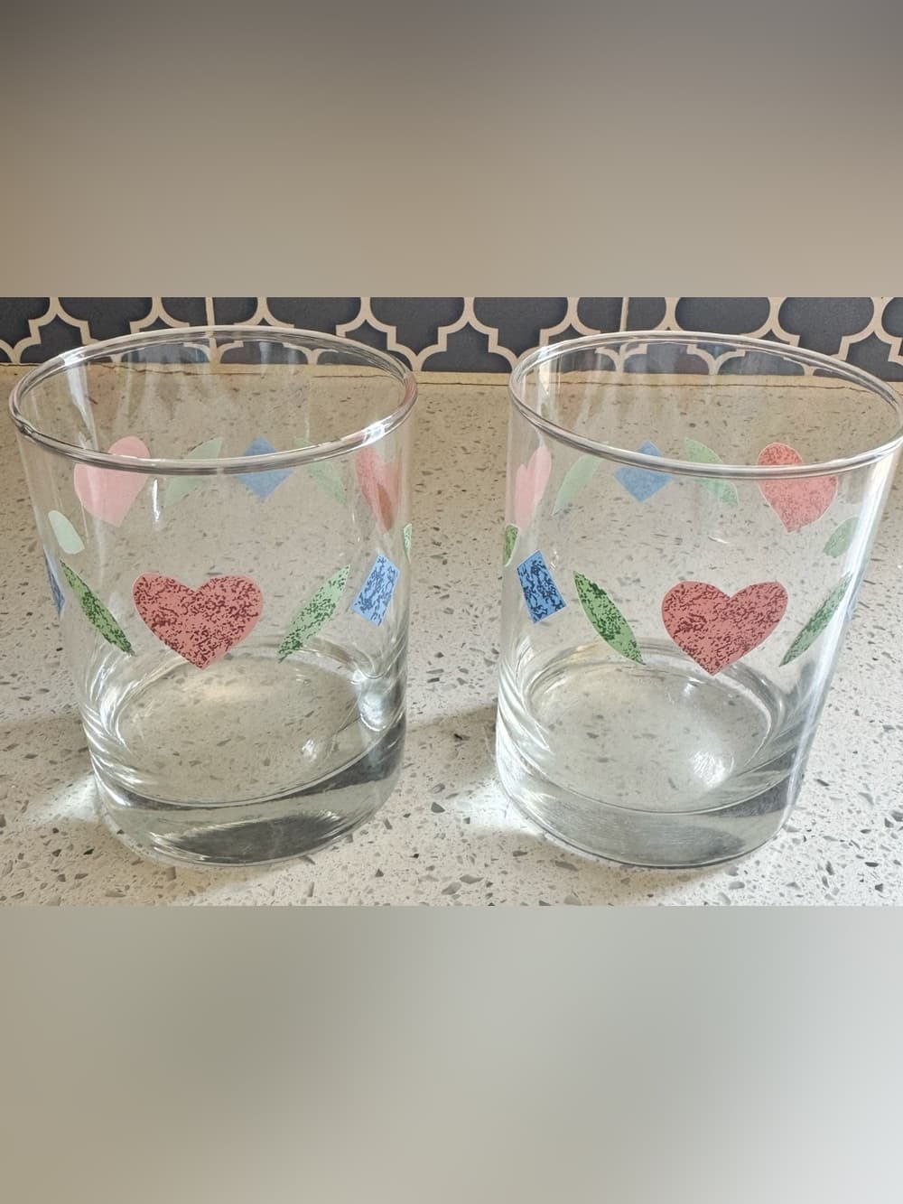 Set of 2 Clear Glass Lowball Rocks Glasses Heart Folk Art Barware