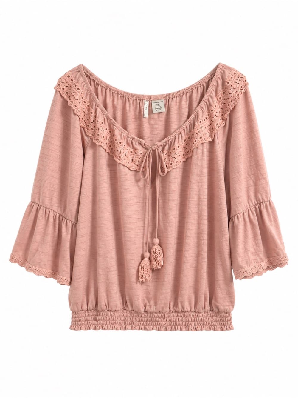 C Est. 1946 Blush Pink Boho Off Shoulder Eyelet Lace Top XL Bell Sleeve Tassel - Thumbnail 9