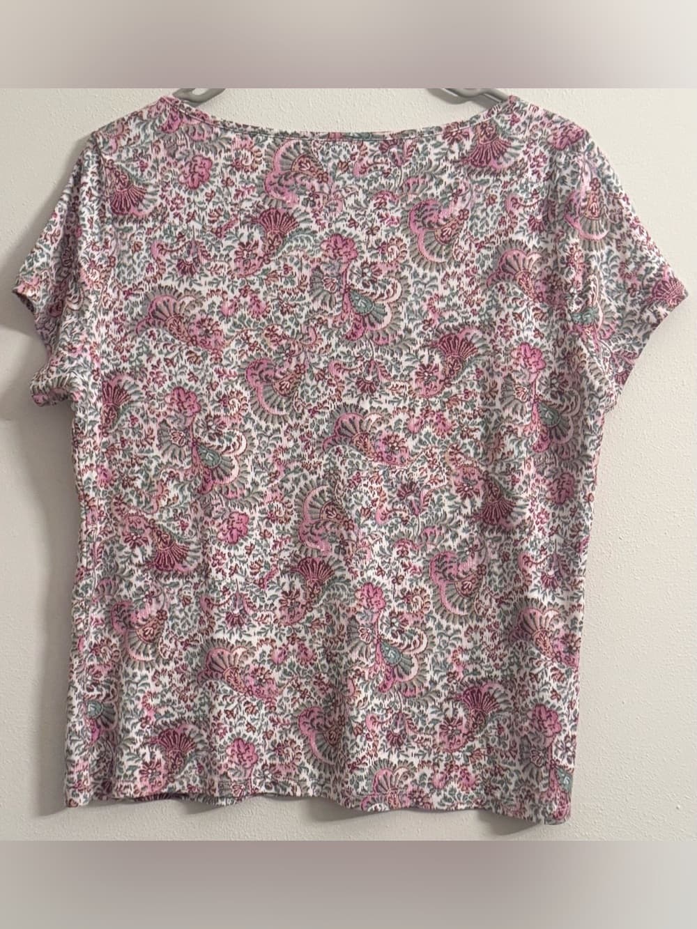 Ann Taylor White Pink Floral Short Sleeve Scoop Neck Tee XL 100% Cotton Casual - Thumbnail 2