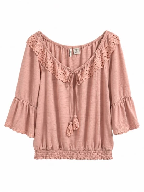 C Est. 1946 Blush Pink Boho Off Shoulder Eyelet Lace Top XL Bell Sleeve Tassel - Thumbnail 10