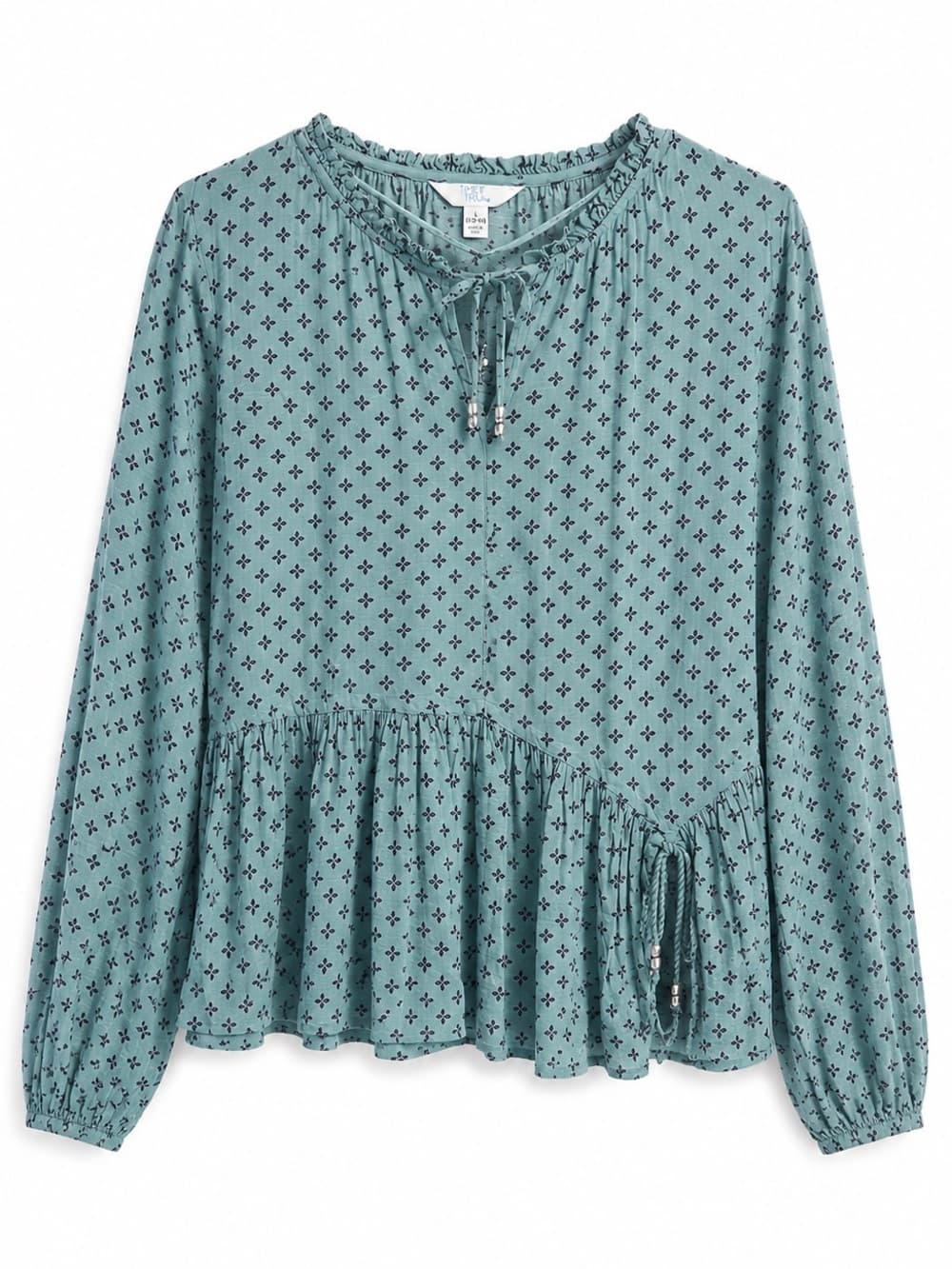 Time and Tru Teal Blue Ditsy Print Long Sleeve Peasant Blouse L Boho Tie Neck - Thumbnail 9