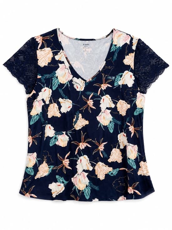 Kaari Blue Navy Floral Lace Sleeve V-Neck Blouse XL Flowy Hem Boho - Thumbnail 10
