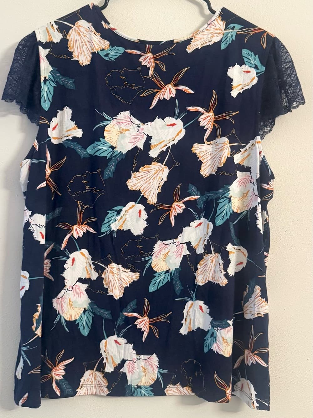 Kaari Blue Navy Floral Lace Sleeve V-Neck Blouse XL Flowy Hem Boho - Thumbnail 2