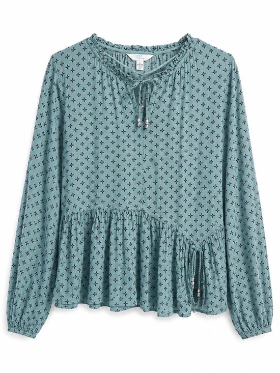 Time and Tru Teal Blue Ditsy Print Long Sleeve Peasant Blouse L Boho Tie Neck - Thumbnail 10