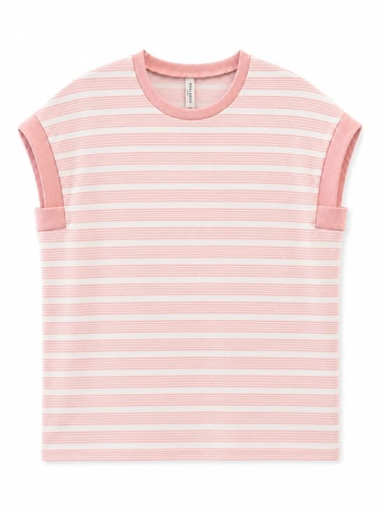 Evaless Pink White Striped Short Sleeve Knit Top XL Ribbed Trim Casual - Thumbnail 8