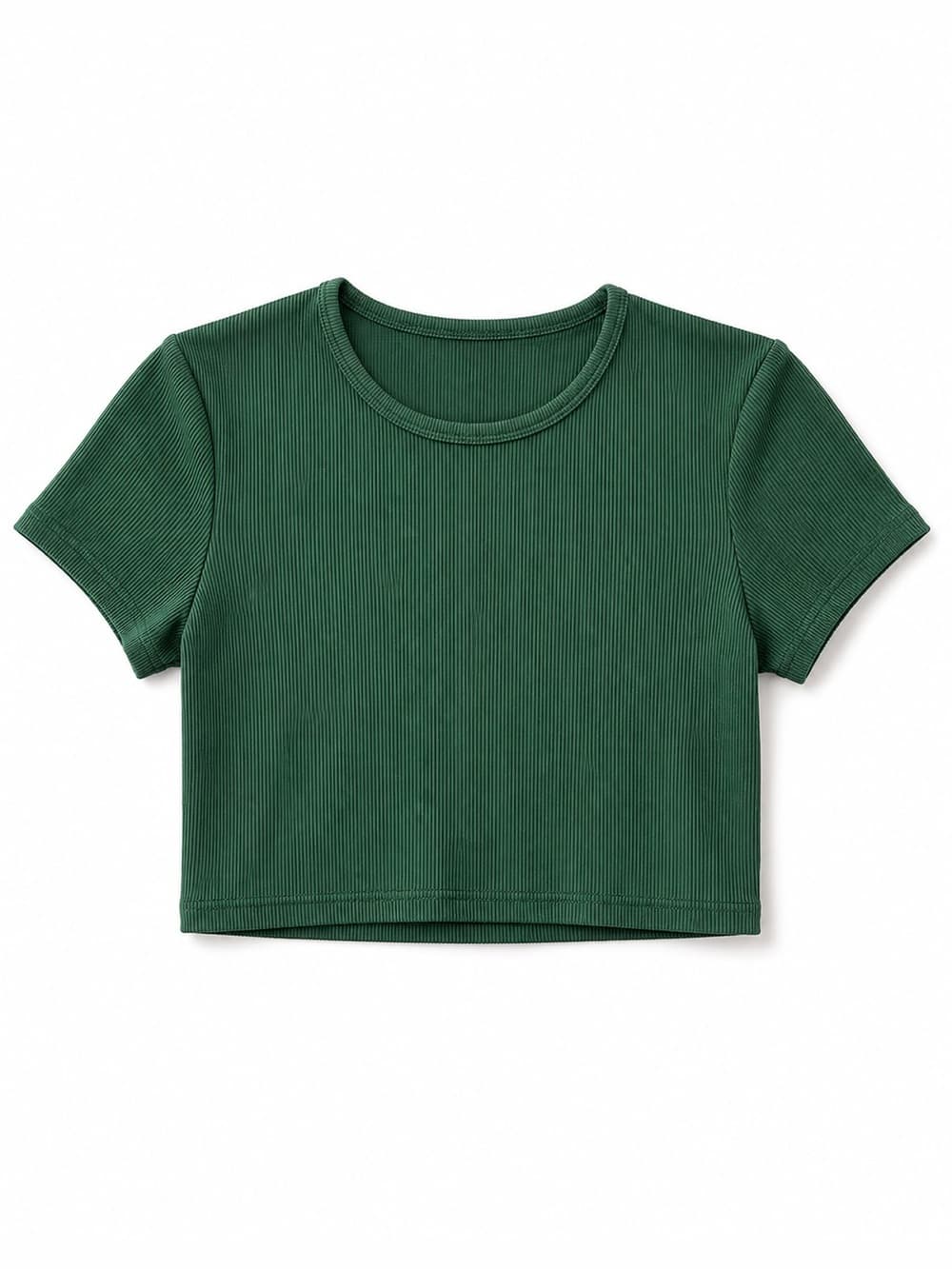 Women's Forest Green Ribbed Crop Top Short Sleeve Scoop Neck Size XS - Thumbnail 6