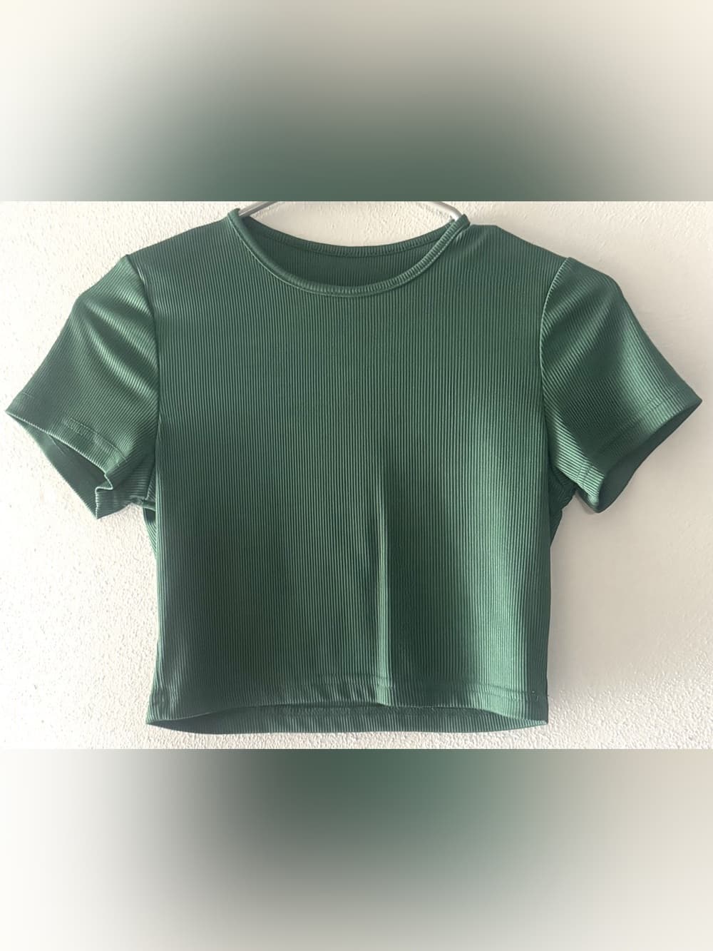 Women's Forest Green Ribbed Crop Top Short Sleeve Scoop Neck Size XS