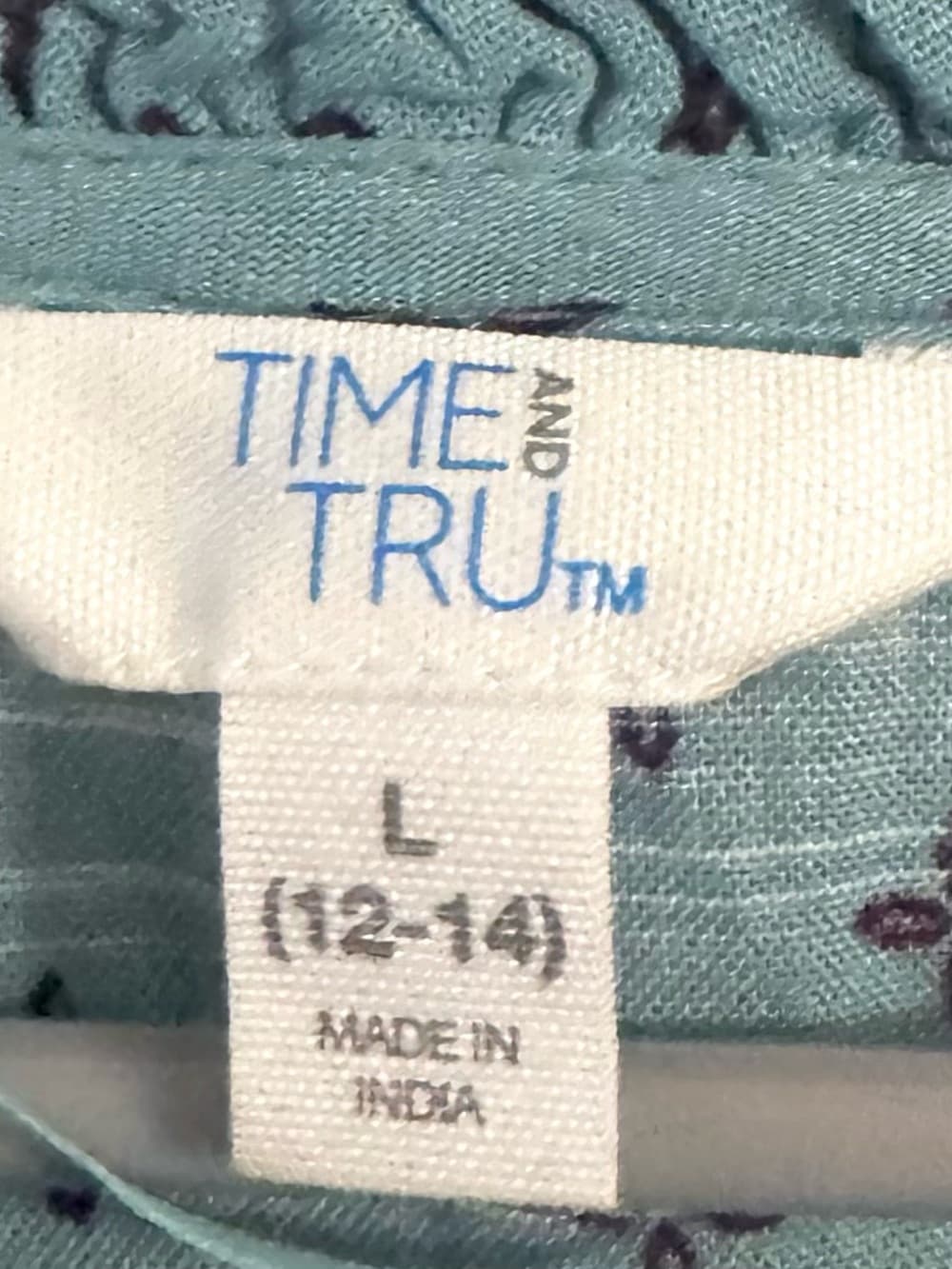 Time and Tru Teal Blue Ditsy Print Long Sleeve Peasant Blouse L Boho Tie Neck - Thumbnail 6