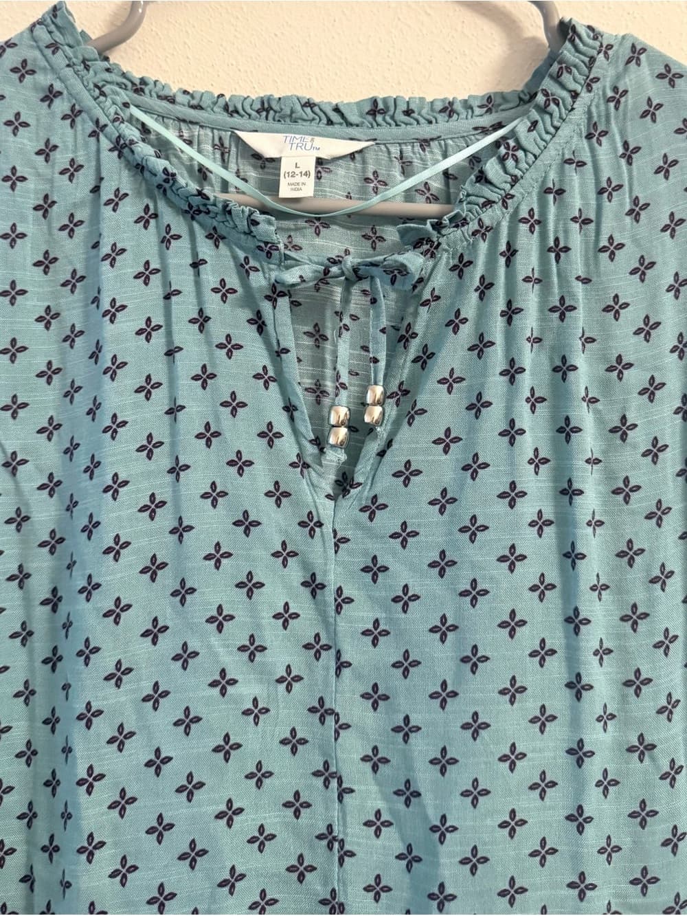 Time and Tru Teal Blue Ditsy Print Long Sleeve Peasant Blouse L Boho Tie Neck - Thumbnail 3