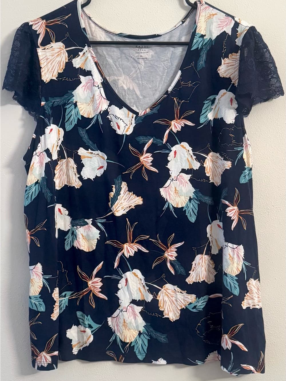 Kaari Blue Navy Floral Lace Sleeve V-Neck Blouse XL Flowy Hem Boho