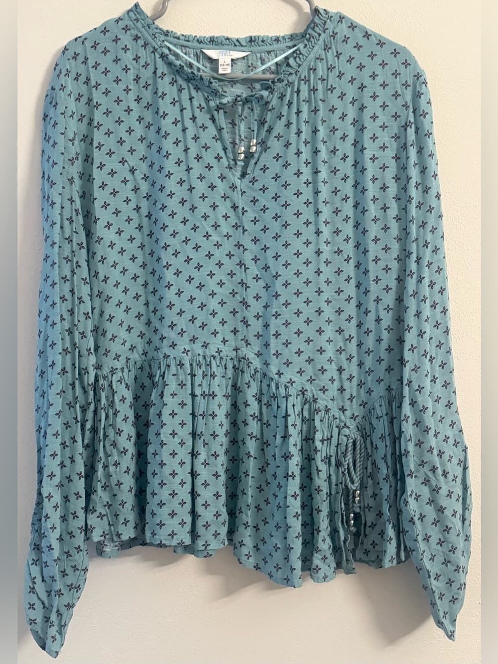 Time and Tru Teal Blue Ditsy Print Long Sleeve Peasant Blouse L Boho Tie Neck