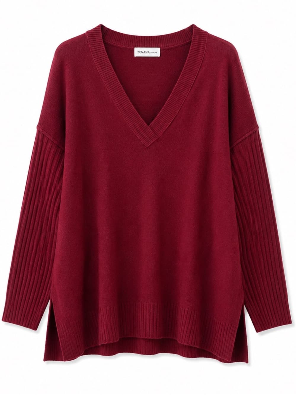 Zenana Outfitters Women's Burgundy Ribbed V-Neck Side Slit Tunic Top Size L/XL - Thumbnail 8