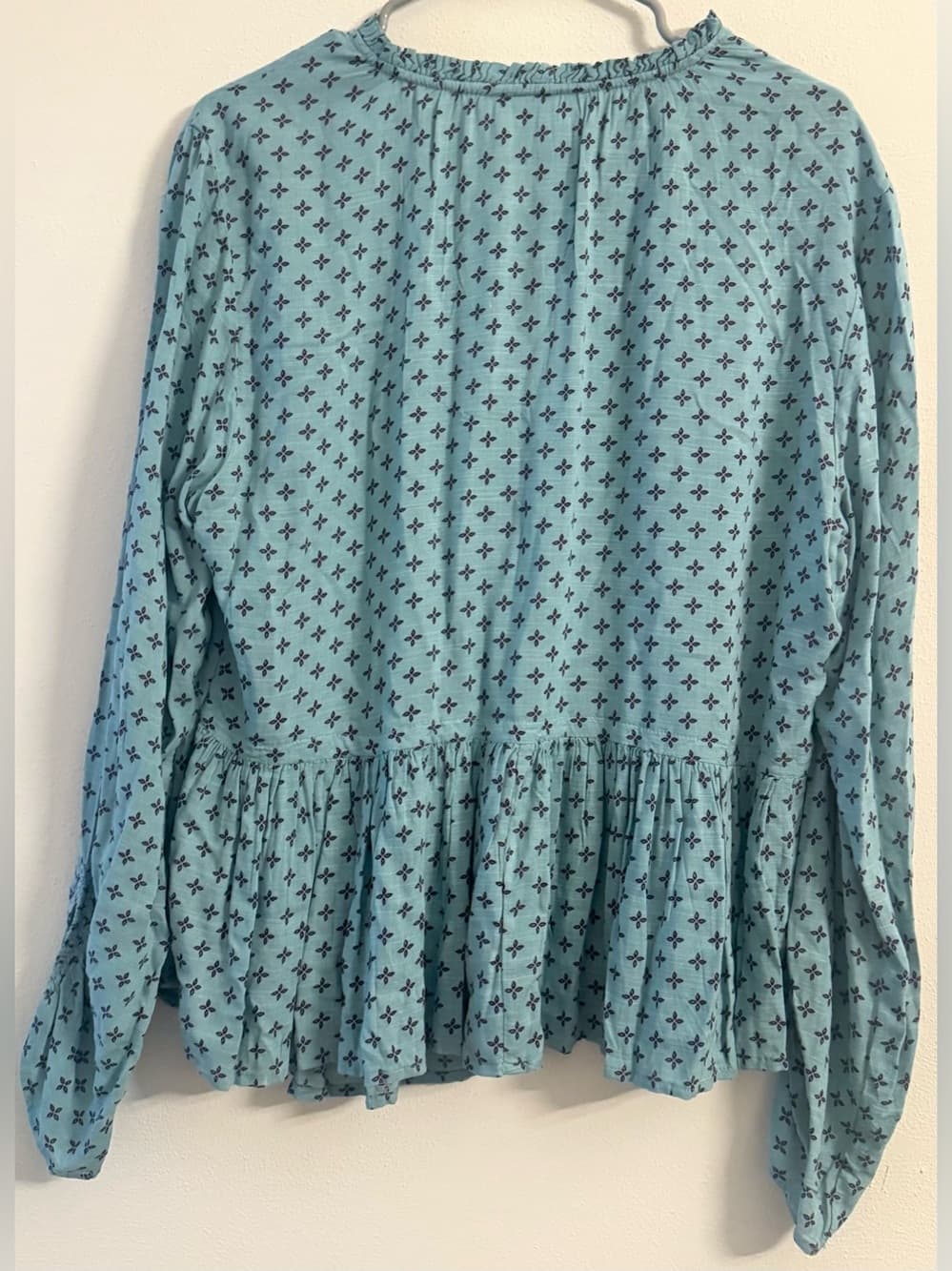 Time and Tru Teal Blue Ditsy Print Long Sleeve Peasant Blouse L Boho Tie Neck - Thumbnail 2
