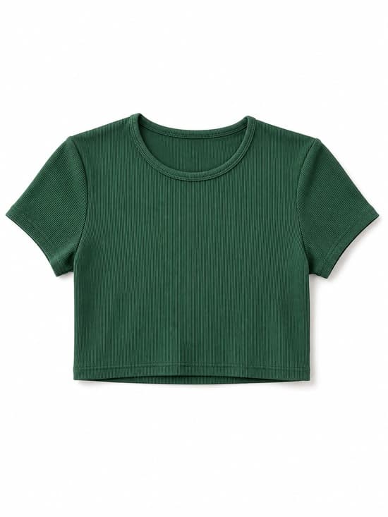 Women's Forest Green Ribbed Crop Top Short Sleeve Scoop Neck Size XS - Thumbnail 7
