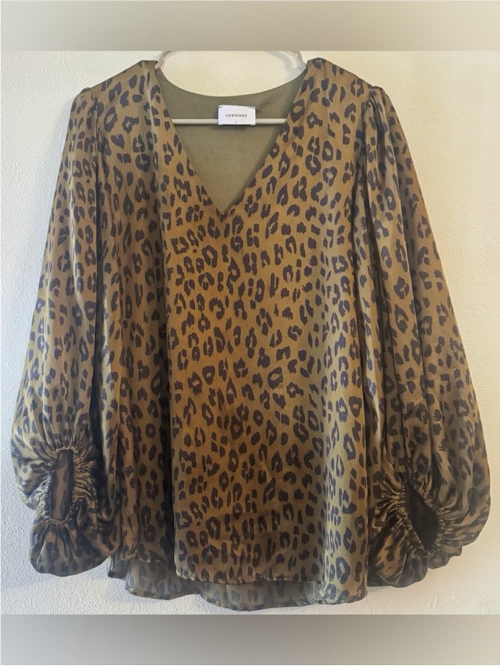 Adrienne Women's Leopard Print Sheer Flowy Balloon Sleeve Blouse Size Large