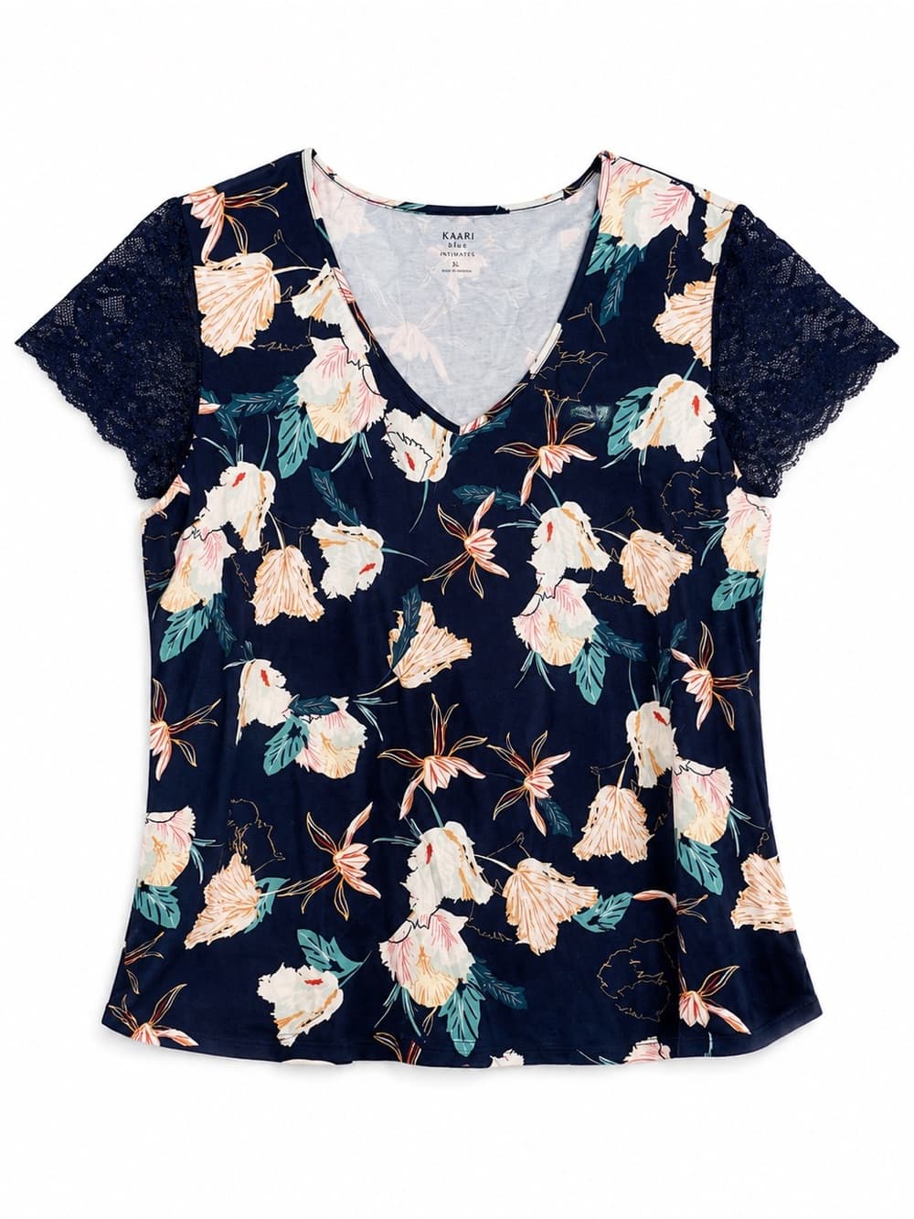 Kaari Blue Navy Floral Lace Sleeve V-Neck Blouse XL Flowy Hem Boho - Thumbnail 9