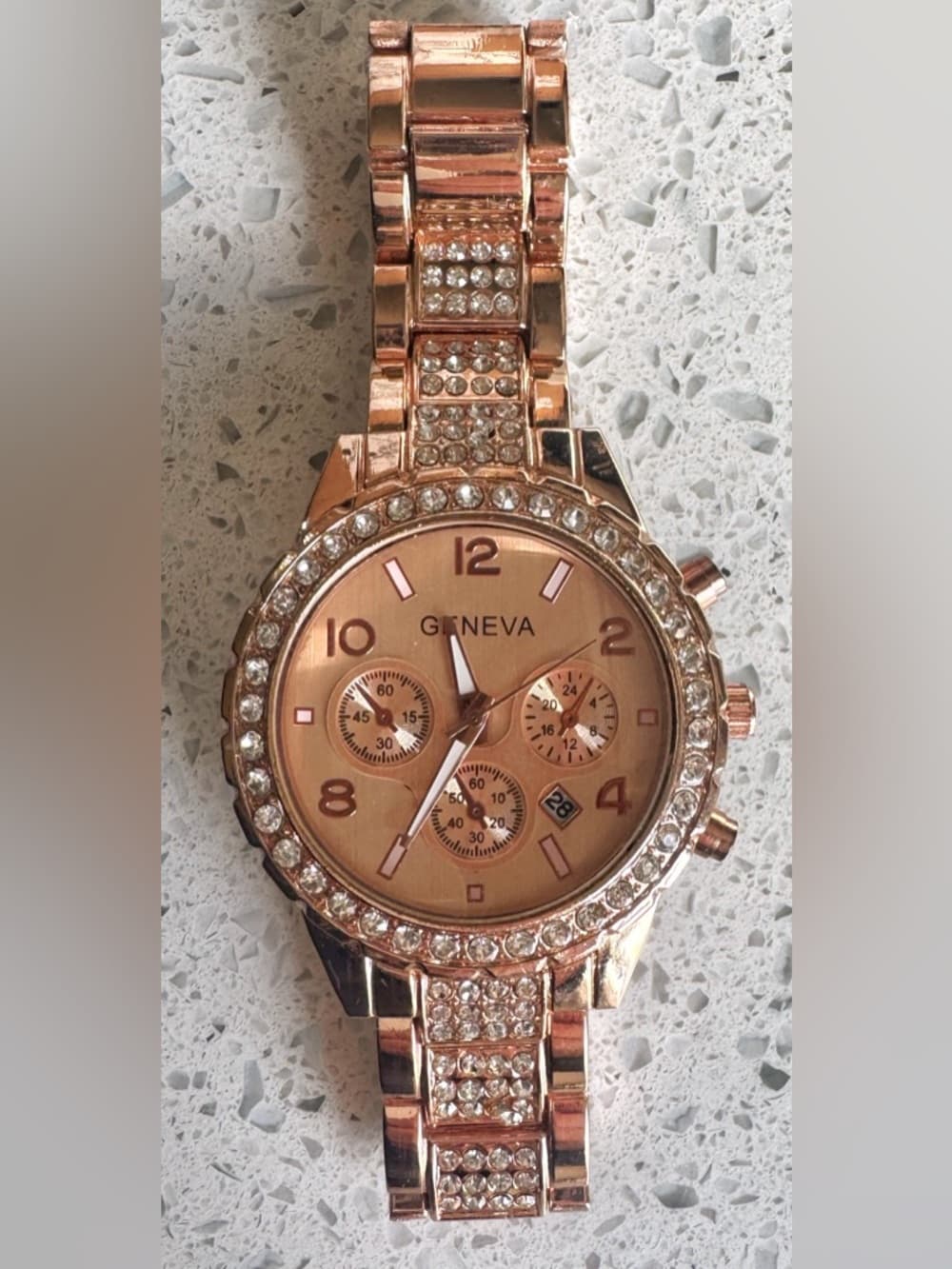 Geneva Stainless Steel Rose Gold Rhinestone Watch Bracelet Style