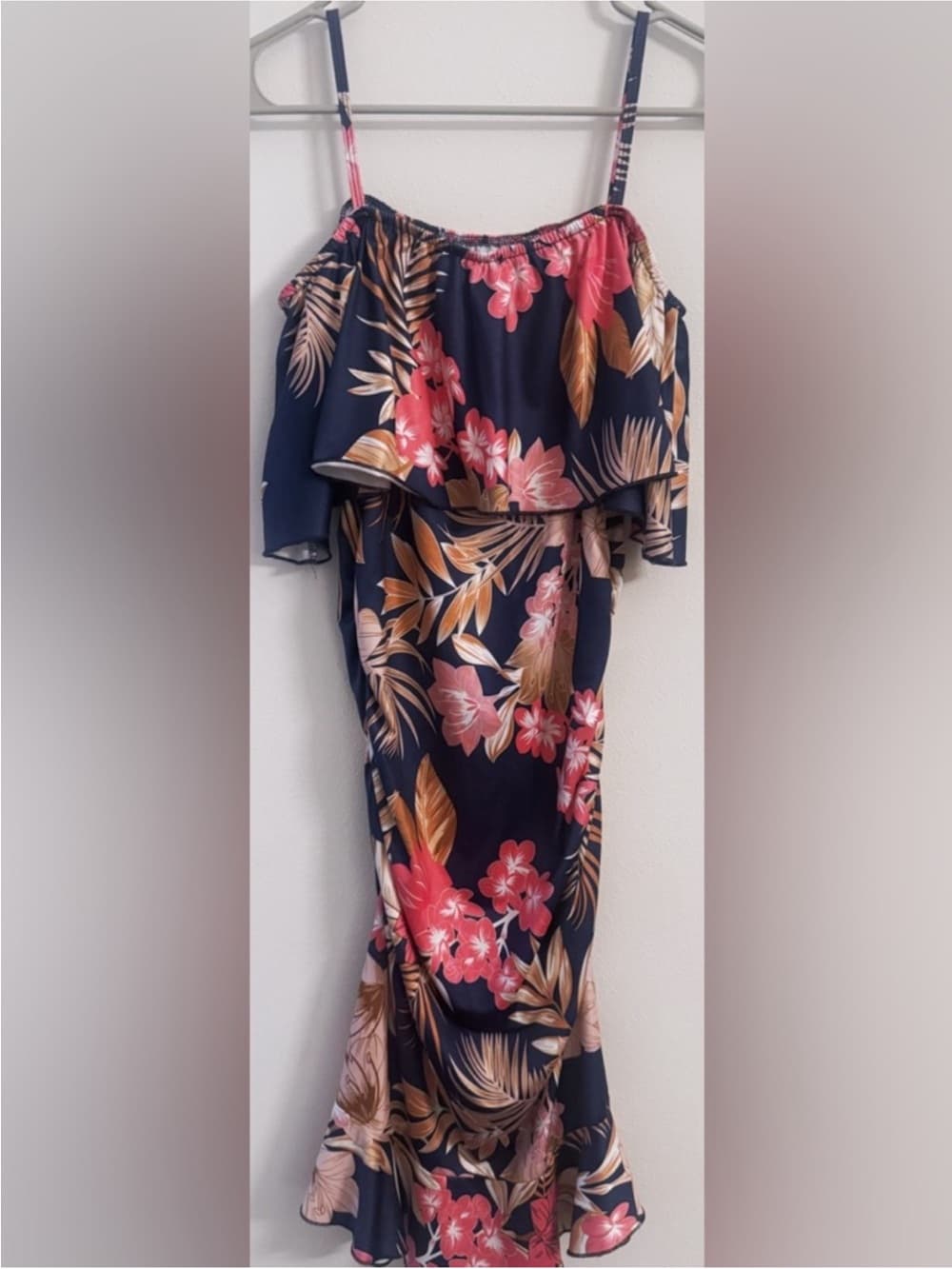 Women's Tropical Floral Ruffle Overlay Bodycon Midi Dress Size Small - Thumbnail 2