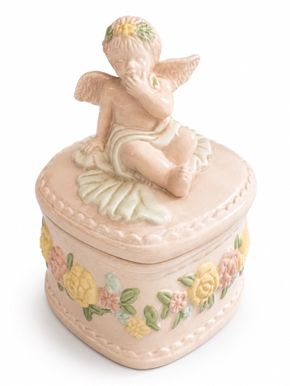 Vintage Pink Ceramic Cherub Heart Trinket Jewelry Box Floral - Thumbnail 7