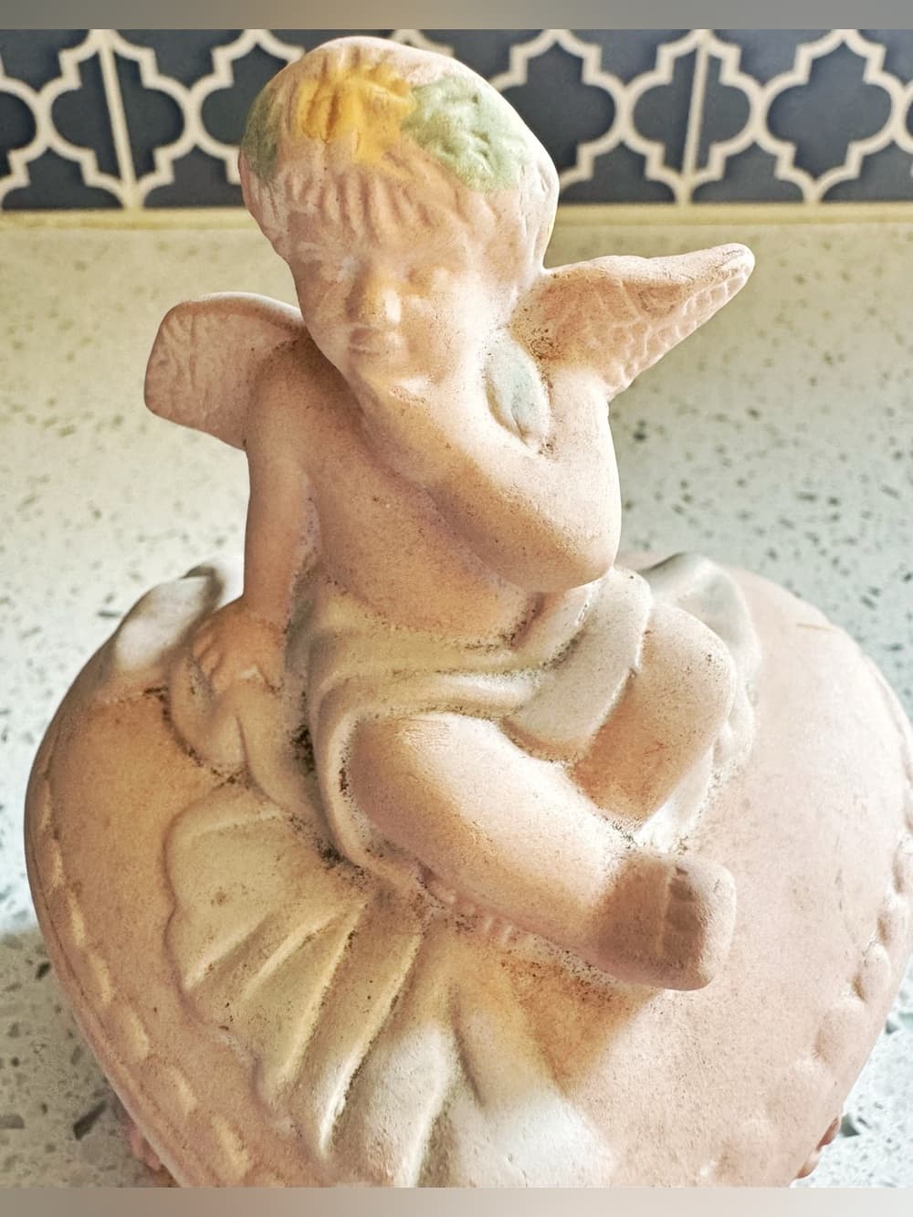 Vintage Pink Ceramic Cherub Heart Trinket Jewelry Box Floral - Thumbnail 2