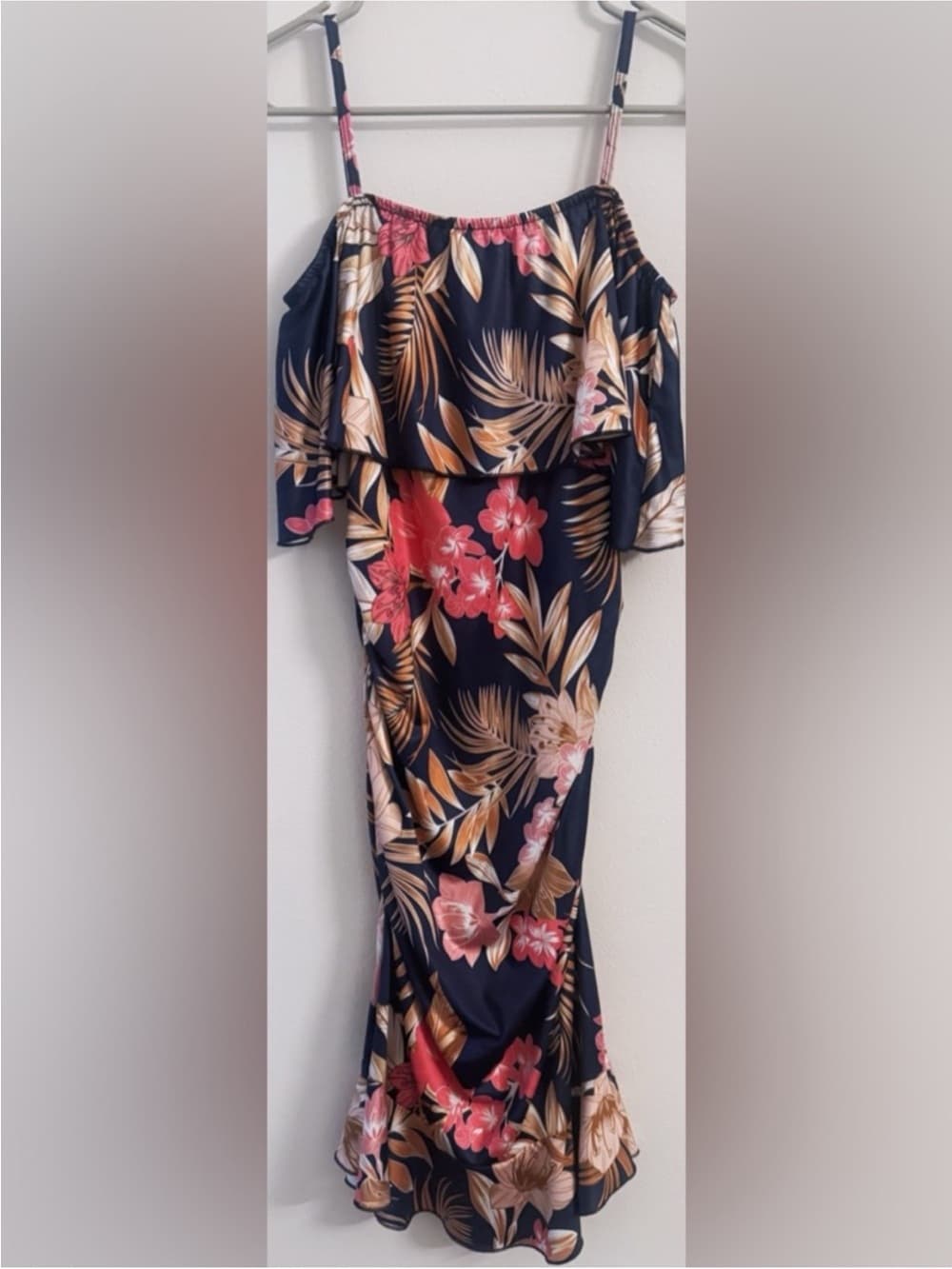 Women's Tropical Floral Ruffle Overlay Bodycon Midi Dress Size Small
