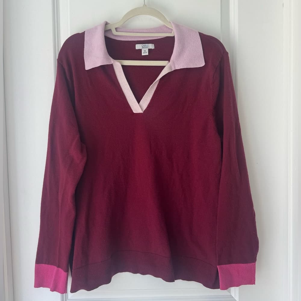Croft & Barrow Burgundy Pink Rugby Sweater XXL Plus Size Collared Knit