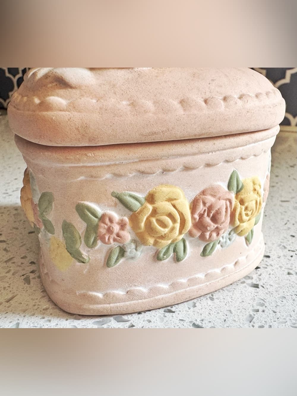 Vintage Pink Ceramic Cherub Heart Trinket Jewelry Box Floral - Thumbnail 4