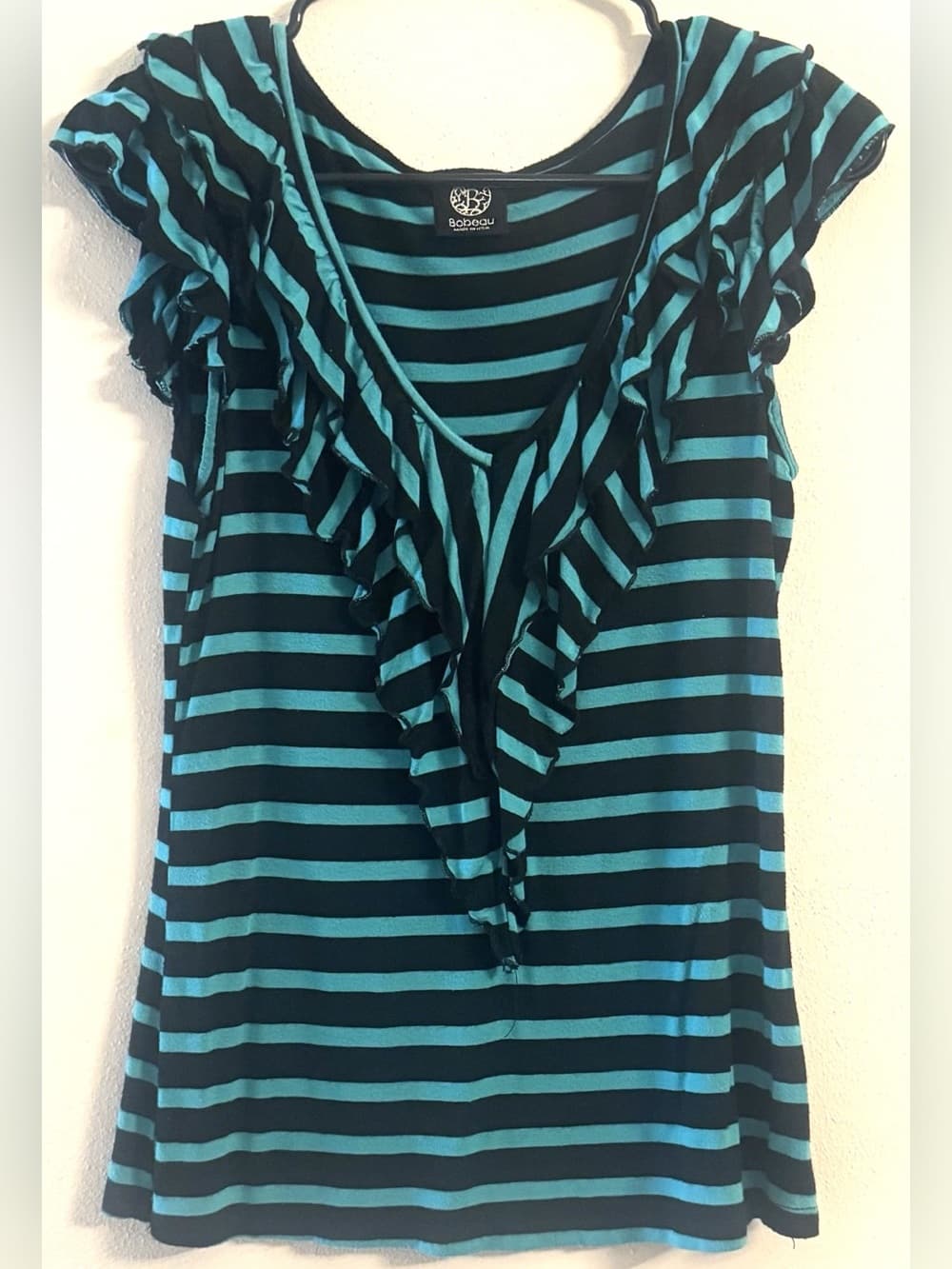 Bobeau Black Teal Striped Ruffle Front Flutter Sleeve Blouse S