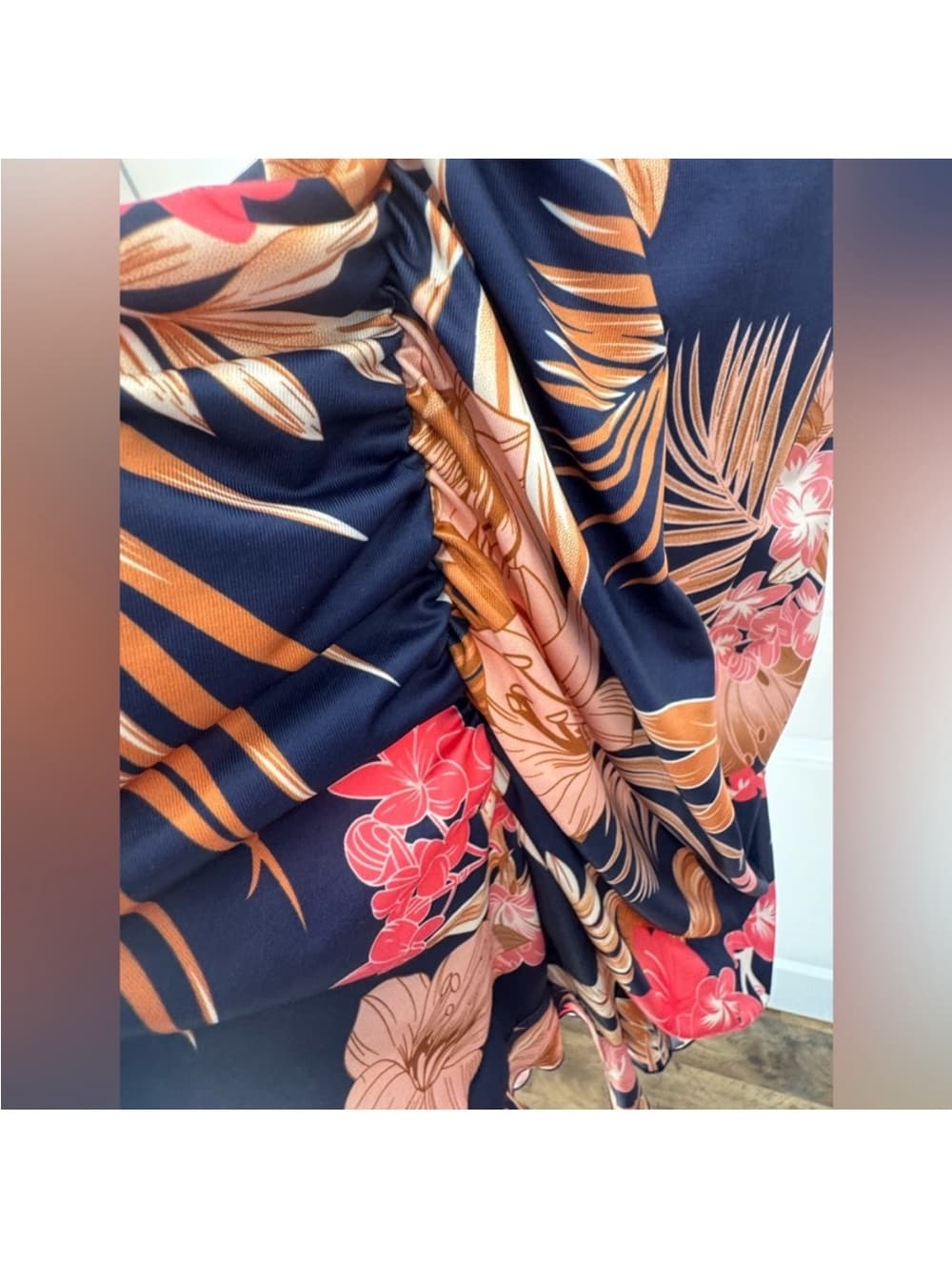 Women's Tropical Floral Ruffle Overlay Bodycon Midi Dress Size Small - Thumbnail 4