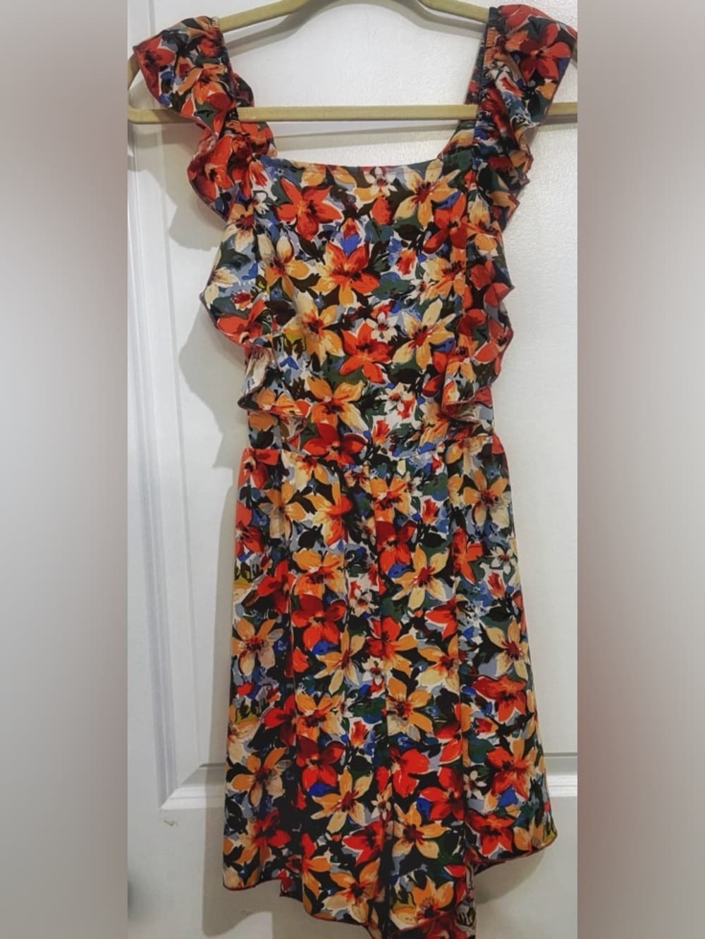 Women's Multicolor Floral Ruffle Strap Romper Tie Waist Sleeveless Size Small