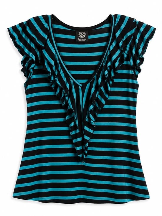 Bobeau Black Teal Striped Ruffle Front Flutter Sleeve Blouse S - Thumbnail 8