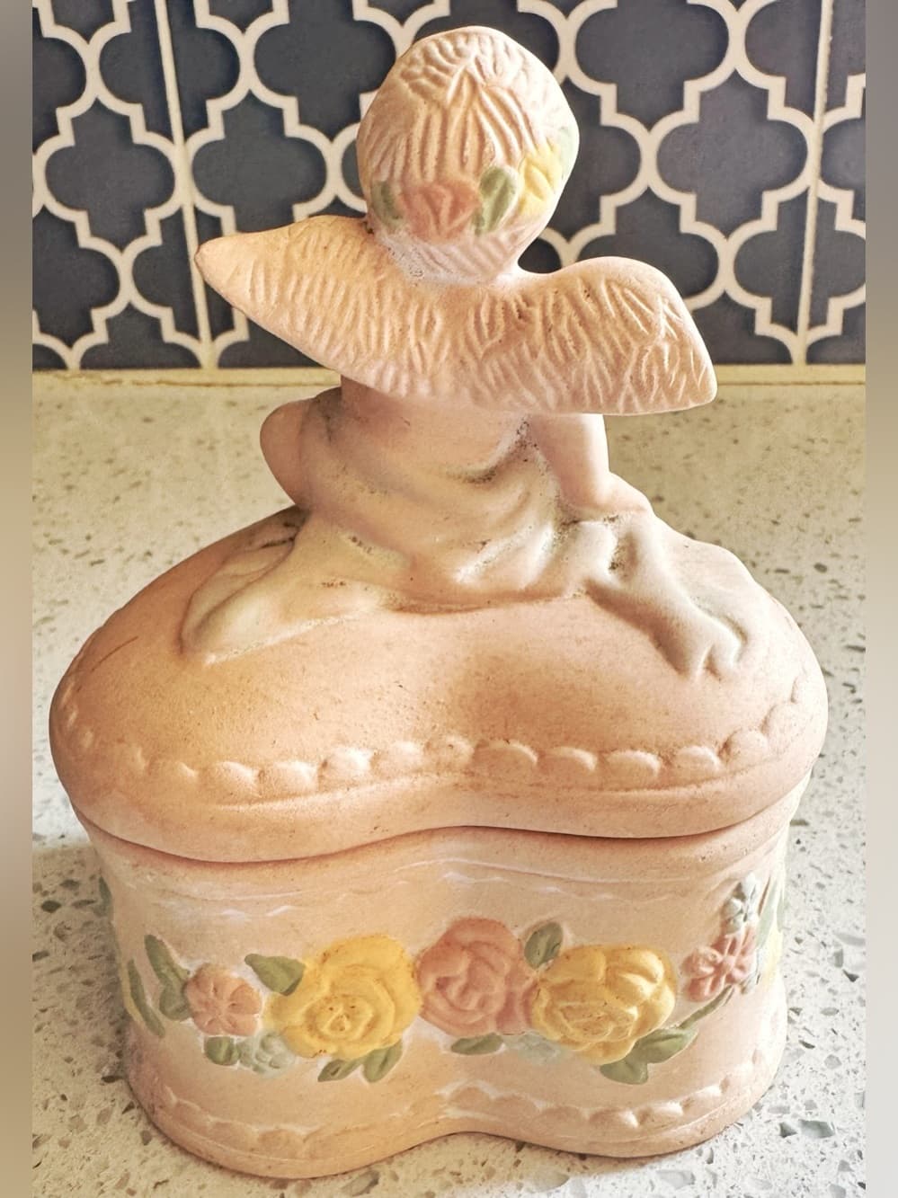 Vintage Pink Ceramic Cherub Heart Trinket Jewelry Box Floral - Thumbnail 3