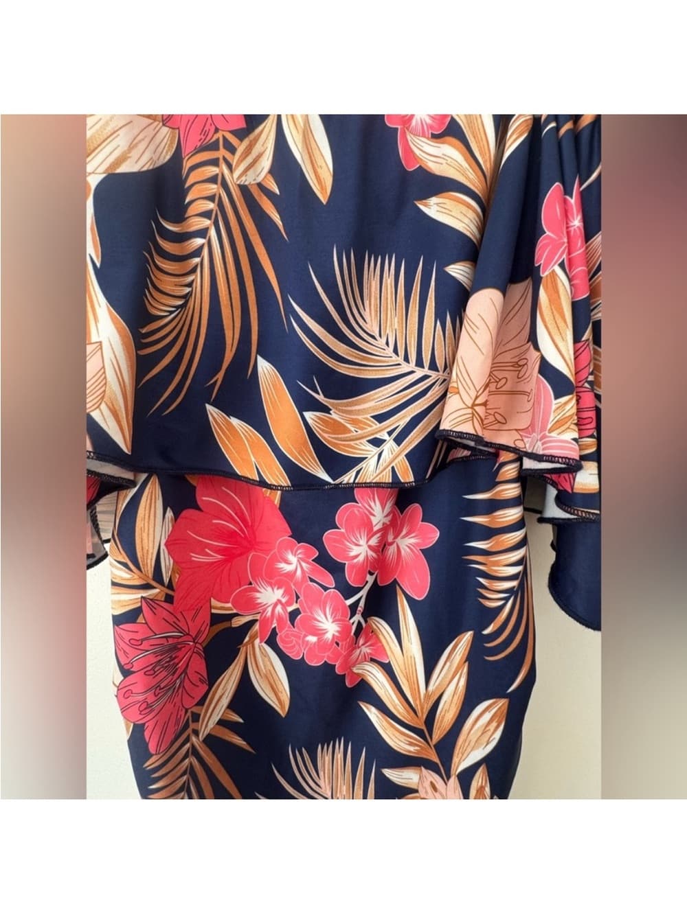 Women's Tropical Floral Ruffle Overlay Bodycon Midi Dress Size Small - Thumbnail 3