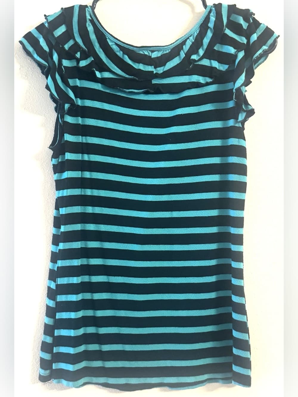 Bobeau Black Teal Striped Ruffle Front Flutter Sleeve Blouse S - Thumbnail 2